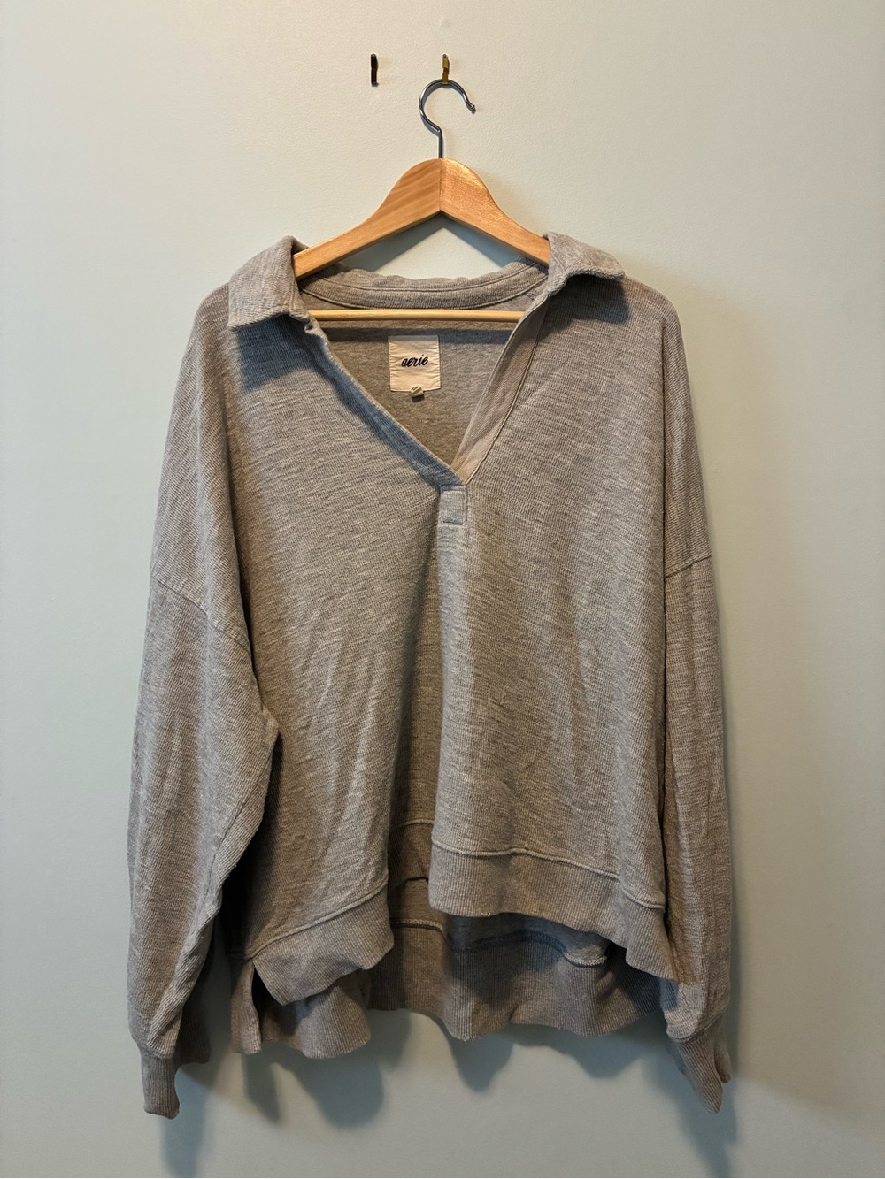 aerie Light Gray V‑Neck Collared Pullover Sweater